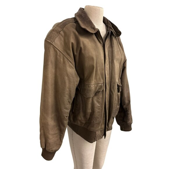 Vintage Midway Brown Genuine Leather Bomber Jacket Size 42 With Front Pockets an - Picture 2 of 16